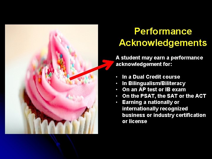 Performance Acknowledgements A student may earn a performance acknowledgement for: • • • In