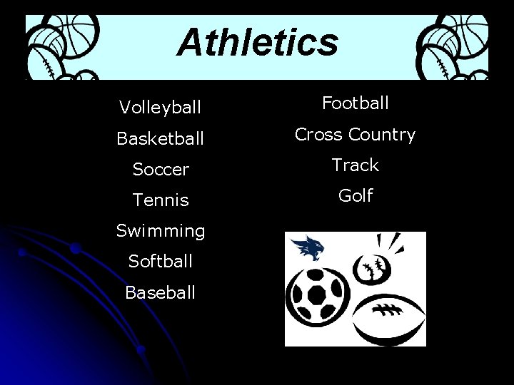 Athletics Volleyball Football Basketball Cross Country Soccer Track Tennis Golf Swimming Softball Baseball 