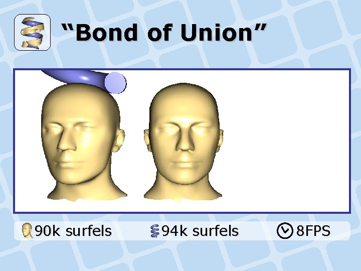 “Bond of Union” 90 k surfels 94 k surfels 8 FPS 