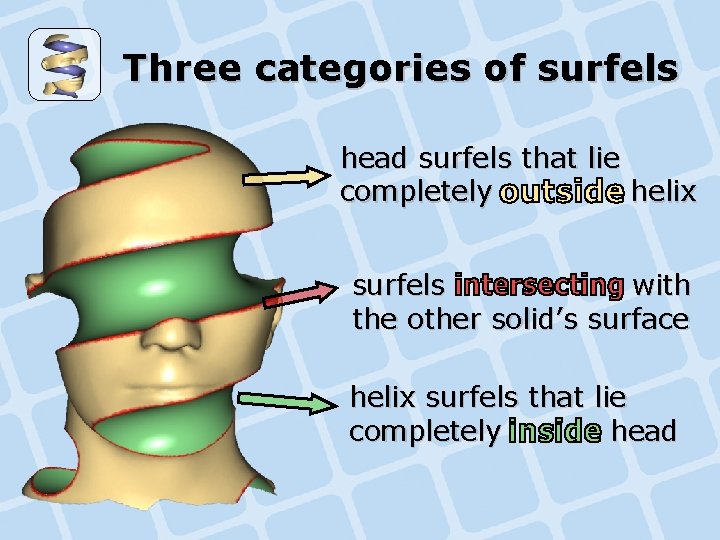 Three categories of surfels head surfels that lie completely helix surfels with the other