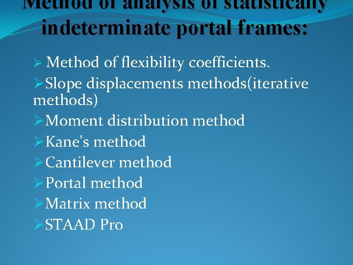 Method of analysis of statistically indeterminate portal frames: Ø Method of flexibility coefficients. ØSlope