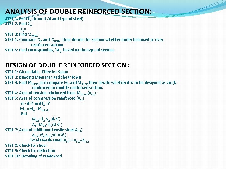 ANALYSIS OF DOUBLE REINFORCED SECTION: STEP 1: Find fsc (from d´/d and type of