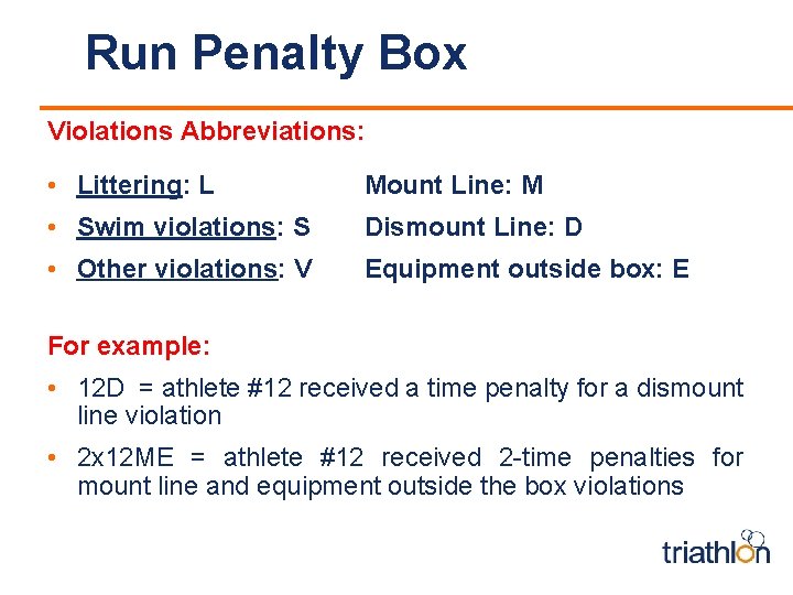 Run Penalty Box Violations Abbreviations: • Littering: L Mount Line: M • Swim violations: