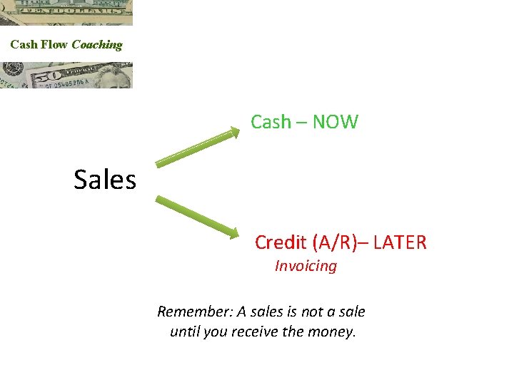 Cash Flow Coaching Cash – NOW Sales Credit (A/R)– LATER Invoicing Remember: A sales
