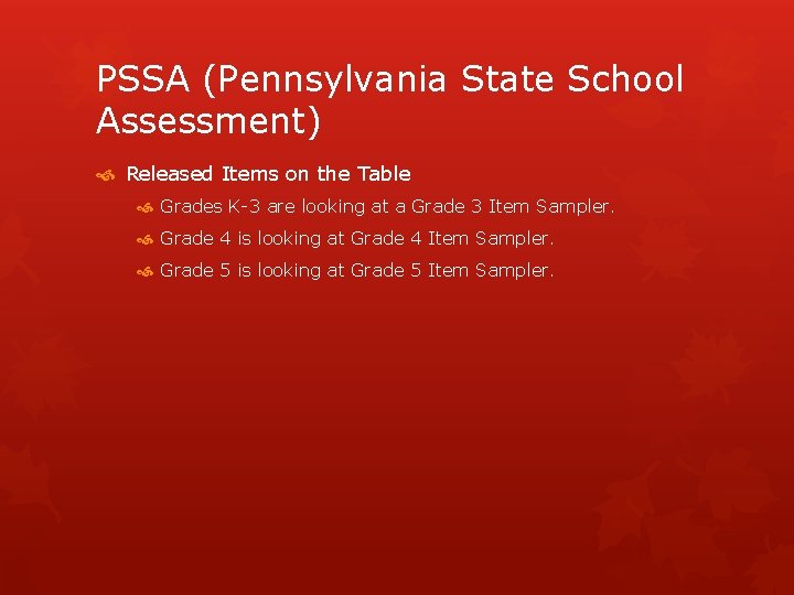 PSSA (Pennsylvania State School Assessment) Released Items on the Table Grades K-3 are looking