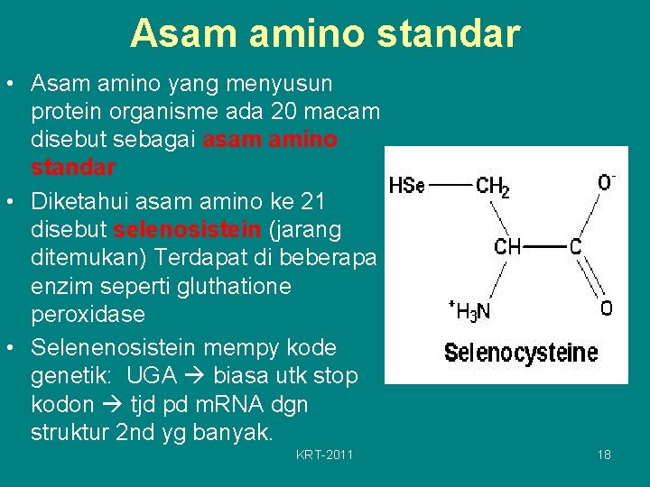 Asam amino standar • Asam amino yang menyusun protein organisme ada 20 macam disebut