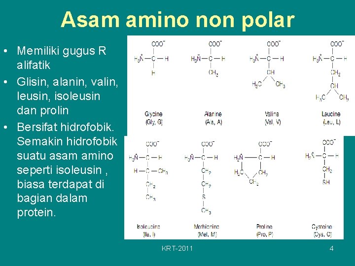 Asam amino non polar • Memiliki gugus R alifatik • Glisin, alanin, valin, leusin,