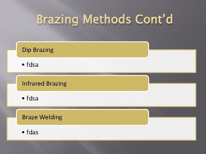 Brazing Methods Cont’d Dip Brazing • fdsa Infrared Brazing • fdsa Braze Welding •