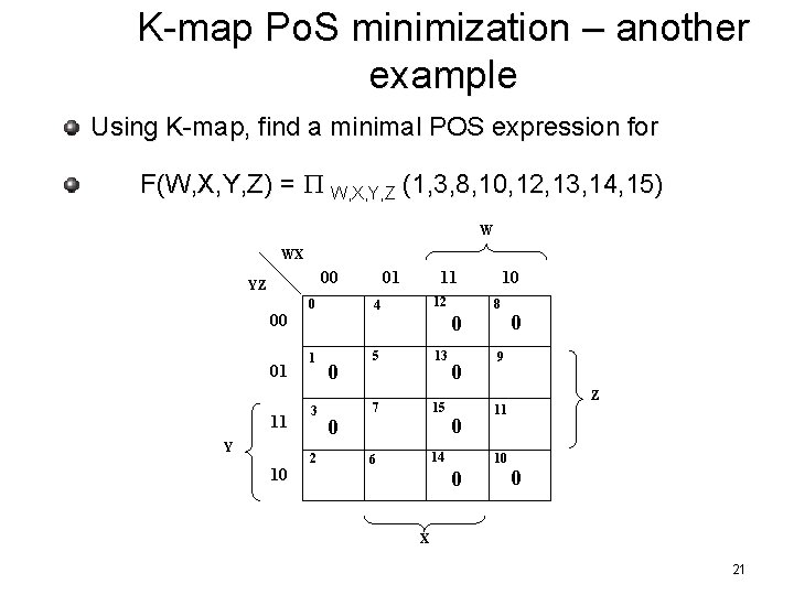 K-map Po. S minimization – another example Using K-map, find a minimal POS expression