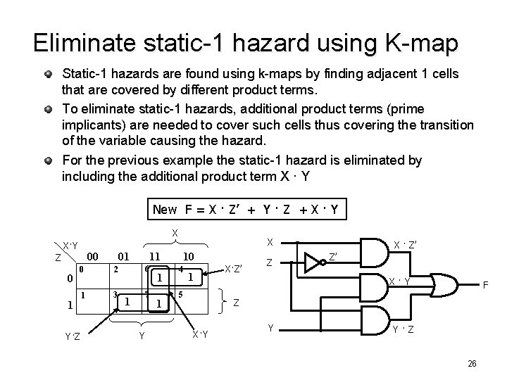Eliminate static-1 hazard using K-map Static-1 hazards are found using k-maps by finding adjacent