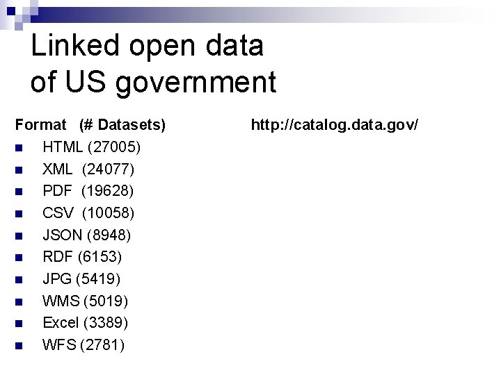 Linked open data of US government Format (# Datasets) http: //catalog. data. gov/ n