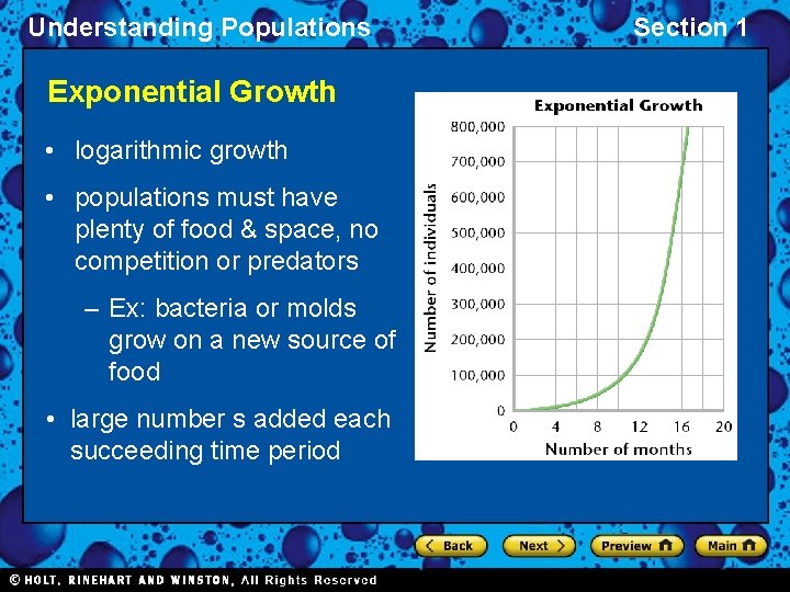 Understanding Populations Exponential Growth • logarithmic growth • populations must have plenty of food