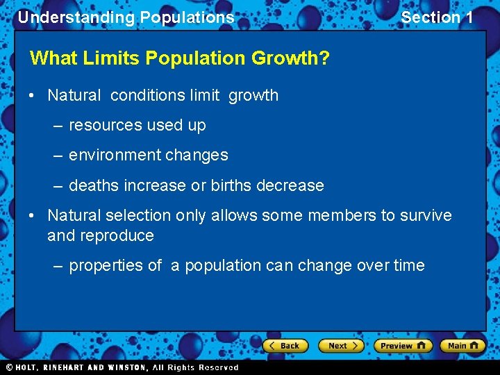 Understanding Populations Section 1 What Limits Population Growth? • Natural conditions limit growth –
