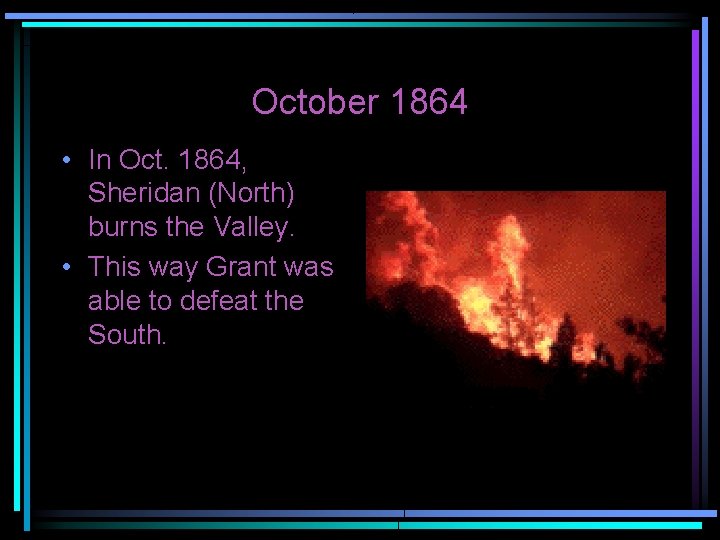 October 1864 • In Oct. 1864, Sheridan (North) burns the Valley. • This way