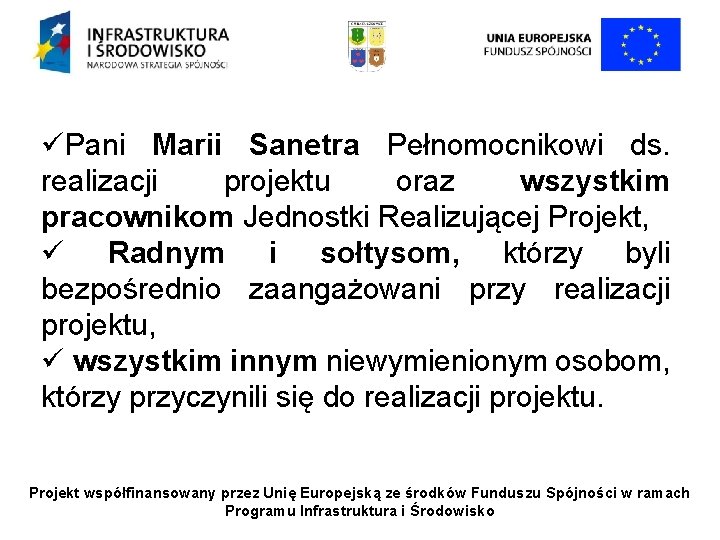 üPani Marii Sanetra Pełnomocnikowi ds. realizacji projektu oraz wszystkim pracownikom Jednostki Realizującej Projekt, ü