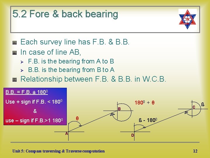 5. 2 Fore & back bearing Each survey line has F. B. & B.