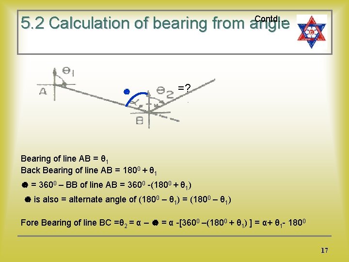 Contd… 5. 2 Calculation of bearing from angle =? Bearing of line AB =