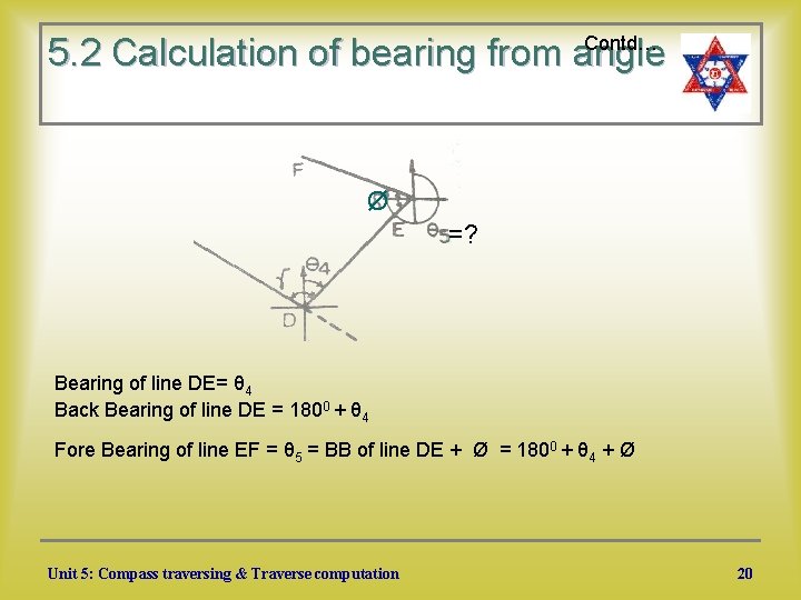 Contd… 5. 2 Calculation of bearing from angle Ø =? Bearing of line DE=