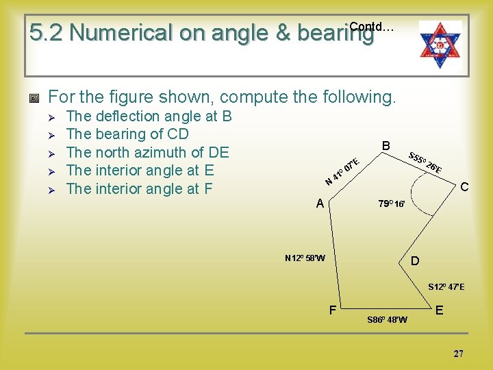 Contd… 5. 2 Numerical on angle & bearing For the figure shown, compute the