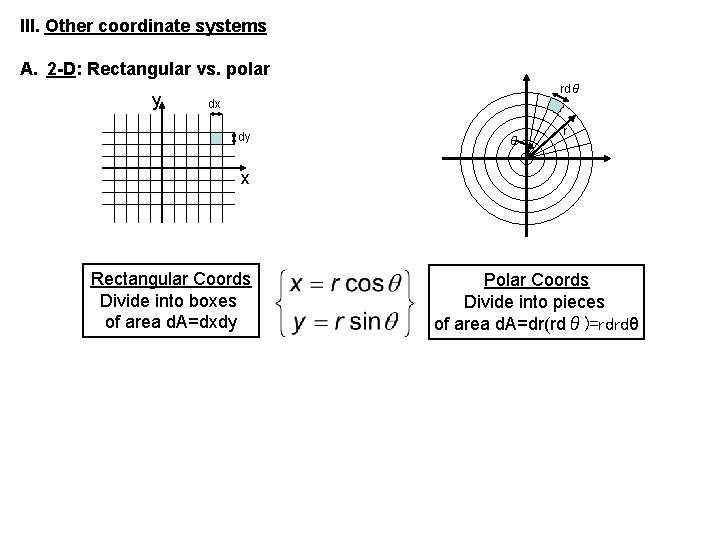 III. Other coordinate systems A. 2 -D: Rectangular vs. polar y rdθ dx dy