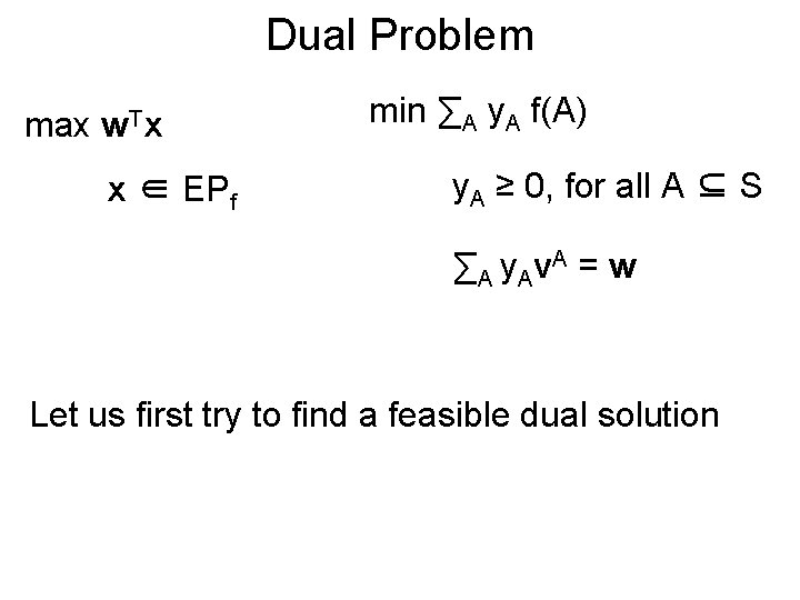 Dual Problem max w. Tx x ∈ EPf min ∑A y. A f(A) y.