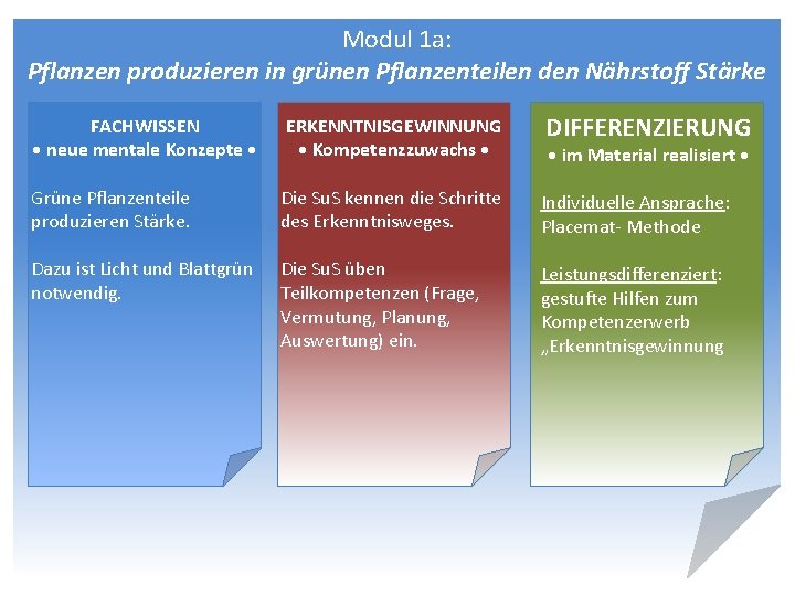 Modul 1 a: Pflanzen produzieren in grünen Pflanzenteilen den Nährstoff Stärke FACHWISSEN • neue