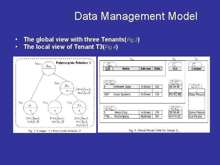 Data Management Model • The global view with three Tenants(Fig. 3) • The local