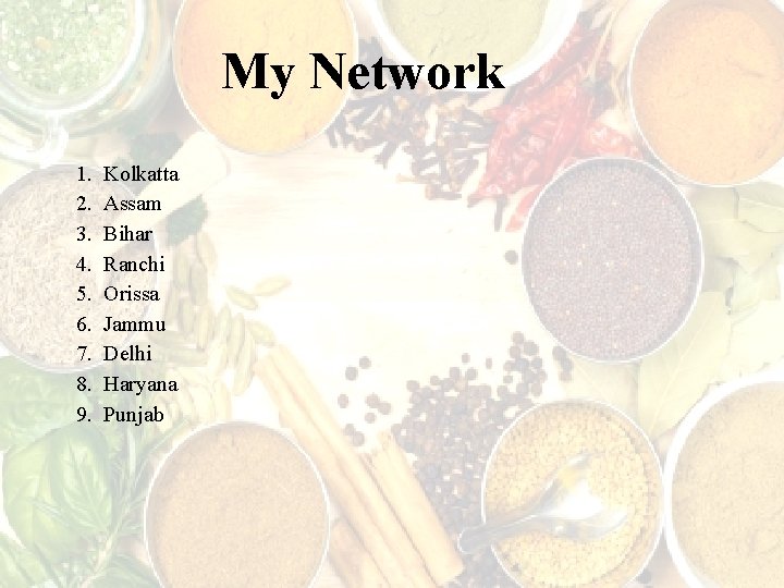 My Network 1. Kolkatta 2. Assam 3. Bihar 4. Ranchi 5. Orissa 6. Jammu