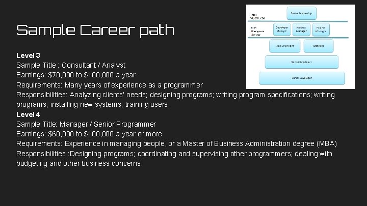 Sample Career path Level 3 Sample Title : Consultant / Analyst Earnings: $70, 000