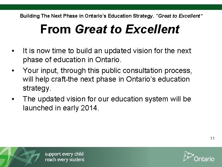 Building The Next Phase in Ontario’s Education Strategy. “Great to Excellent” From Great to
