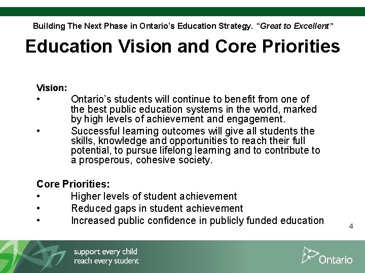 Building The Next Phase in Ontario’s Education Strategy. “Great to Excellent” Education Vision and