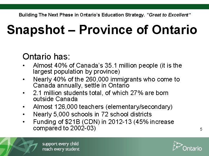 Building The Next Phase in Ontario’s Education Strategy. “Great to Excellent” Snapshot – Province