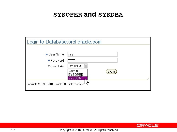 SYSOPER and SYSDBA 5 -7 Copyright © 2004, Oracle. All rights reserved. 