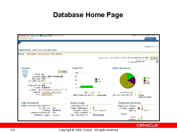 Database Home Page 5 -8 Copyright © 2004, Oracle. All rights reserved. 