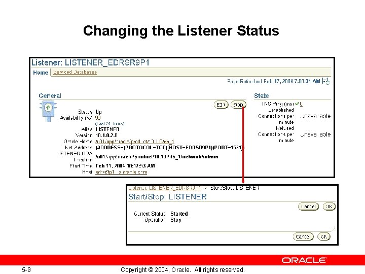 Changing the Listener Status 5 -9 Copyright © 2004, Oracle. All rights reserved. 