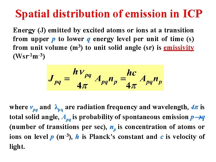 Spatial distribution of emission in ICP Energy (J) emitted by excited atoms or ions