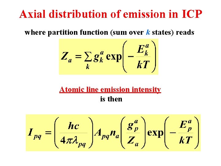 Axial distribution of emission in ICP where partition function (sum over k states) reads