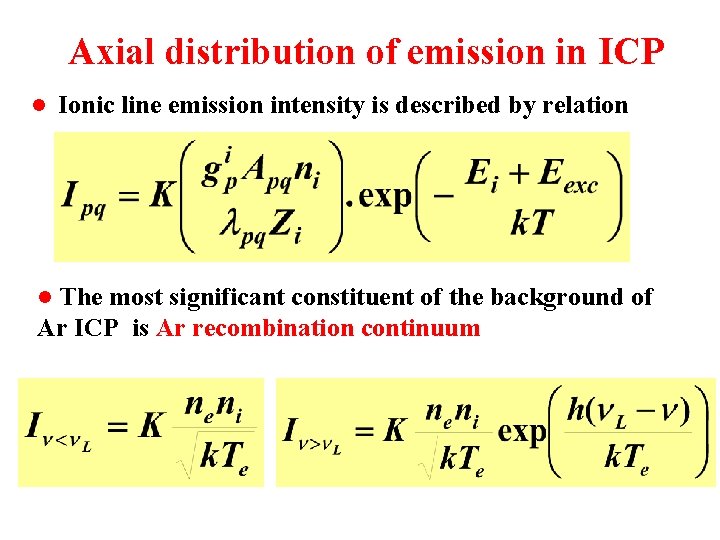 Axial distribution of emission in ICP l Ionic line emission intensity is described by
