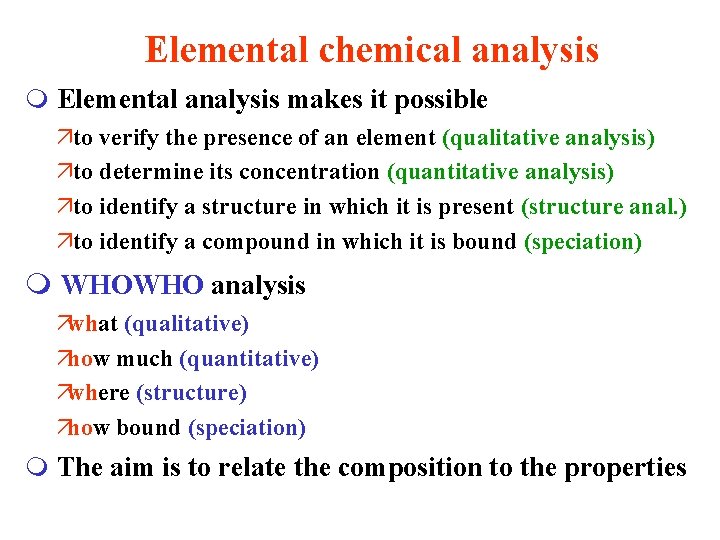 Elemental chemical analysis m Elemental analysis makes it possible äto verify the presence of
