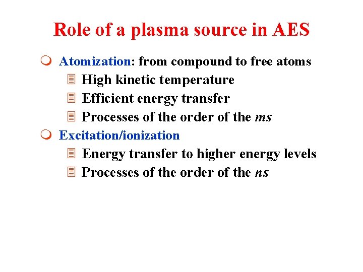 Role of a plasma source in AES m Atomization: from compound to free atoms