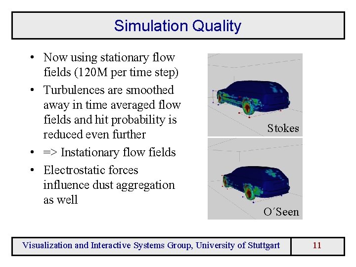 Simulation Quality • Now using stationary flow fields (120 M per time step) •