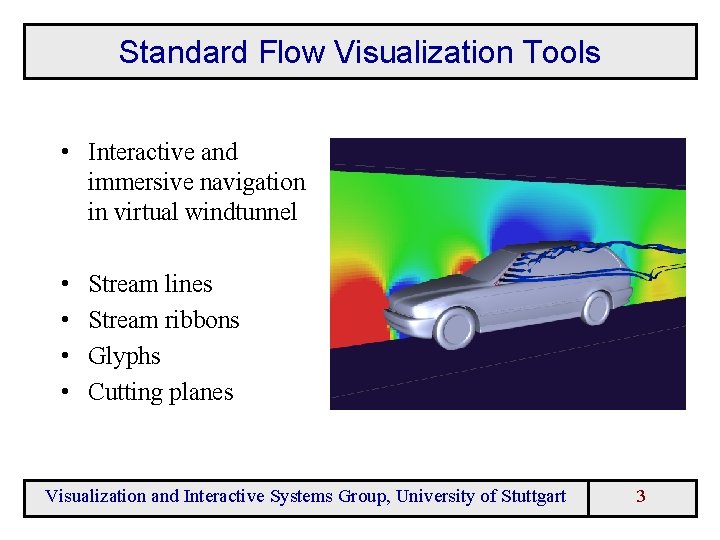 Standard Flow Visualization Tools • Interactive and immersive navigation in virtual windtunnel • •