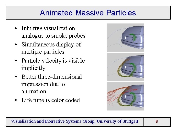 Animated Massive Particles • Intuitive visualization analogue to smoke probes • Simultaneous display of