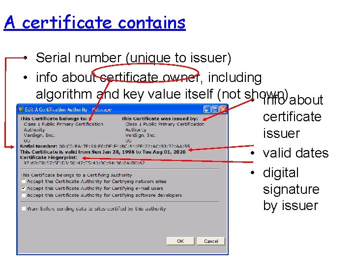 A certificate contains • Serial number (unique to issuer) • info about certificate owner,