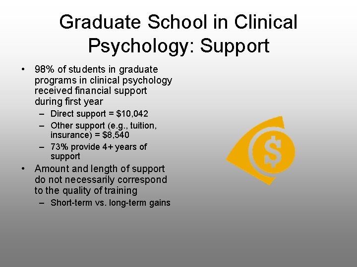 Graduate School in Clinical Psychology: Support • 98% of students in graduate programs in