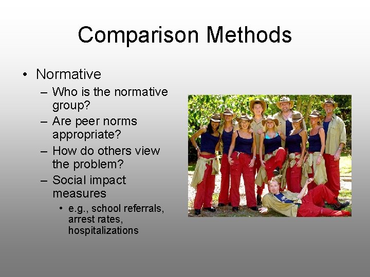 Comparison Methods • Normative – Who is the normative group? – Are peer norms
