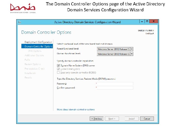 The Domain Controller Options page of the Active Directory Domain Services Configuration Wizard 