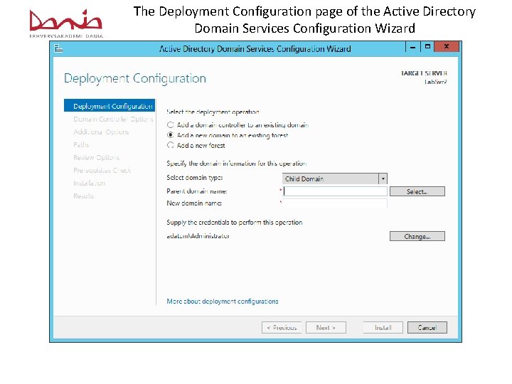 The Deployment Configuration page of the Active Directory Domain Services Configuration Wizard 