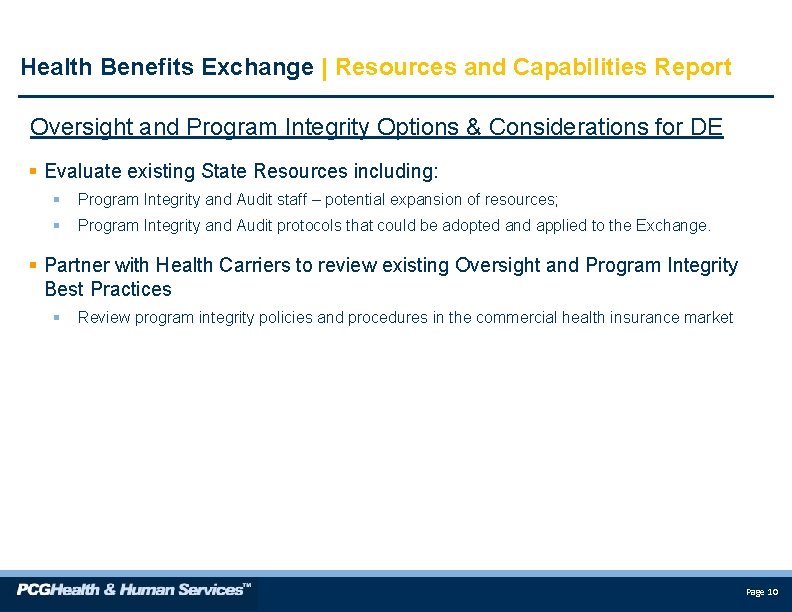 Health Benefits Exchange | Resources and Capabilities Report Oversight and Program Integrity Options &