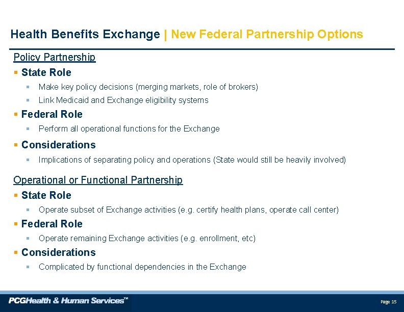 Health Benefits Exchange | New Federal Partnership Options Policy Partnership § State Role §